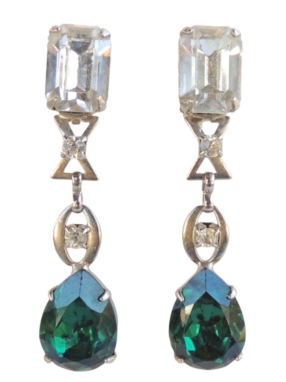 Vintage Silver Tone Drop Earrings with Emerald Green and Clear Stones